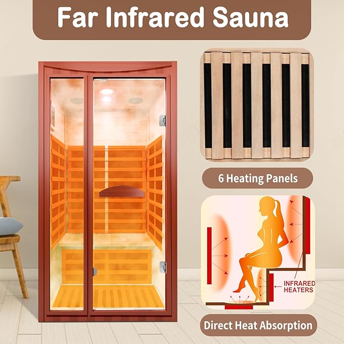 Home Far-Infrared Sauna Cabin - for 1-2 Persons Low Electromagnetic Radiation 1550W Indoor Spa Room Featuring Multicoloured Lighting Bluetooth Speaker and Control Panel
