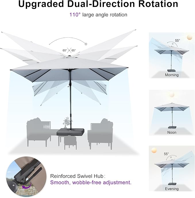 PURPLE LEAF 10' X 6.5' Swivel Outdoor Patio Aluminum Umbrella with Base Left-right Tilting Cantilever Offset Umbrella with UV Resistant Heavy Duty Fabric for Deck Pool Patio Backyard, Pebble Grey
