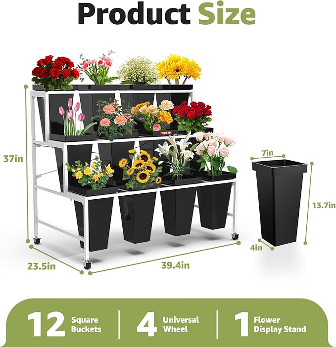 Flower Display Stand 3 Layers with 12 PCS Round Buckets, Plant Stand with Wheels, Movable Metal Plant Stand for Terrace Garden, Living Room, Florist Shop