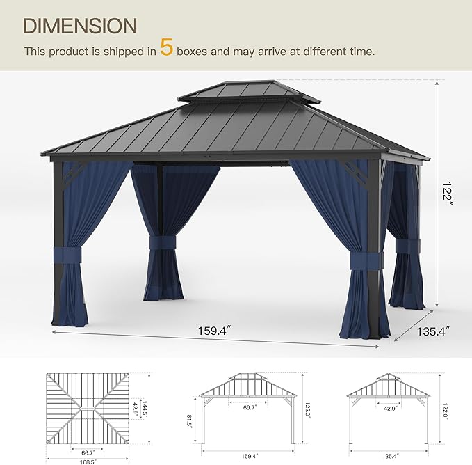 12'x14' Hardtop Gazebo,Double Roof, Outdoor Galvanized Steel Metal Gazebo with Curtains and Netting for Patios, Gardens, Lawns,NavyBlue