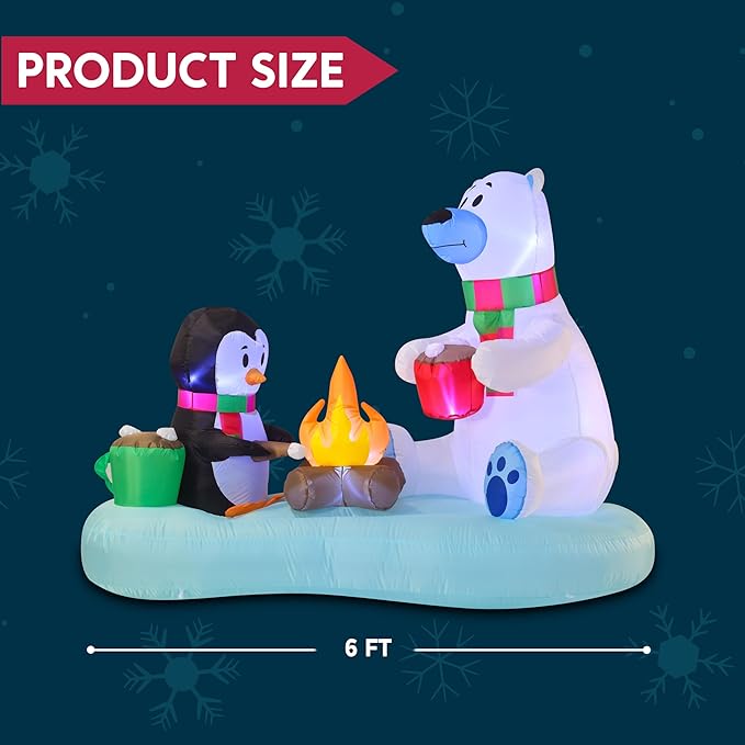 Joiedomi 6 FT Long Christmas Inflatable Polar Bear and Penguin with Campfire Decoration, Blow Up Yard Decoration Christmas Inflatable with Build-in LEDs Blow Up for Xmas Party, Lawn, Winter Décor