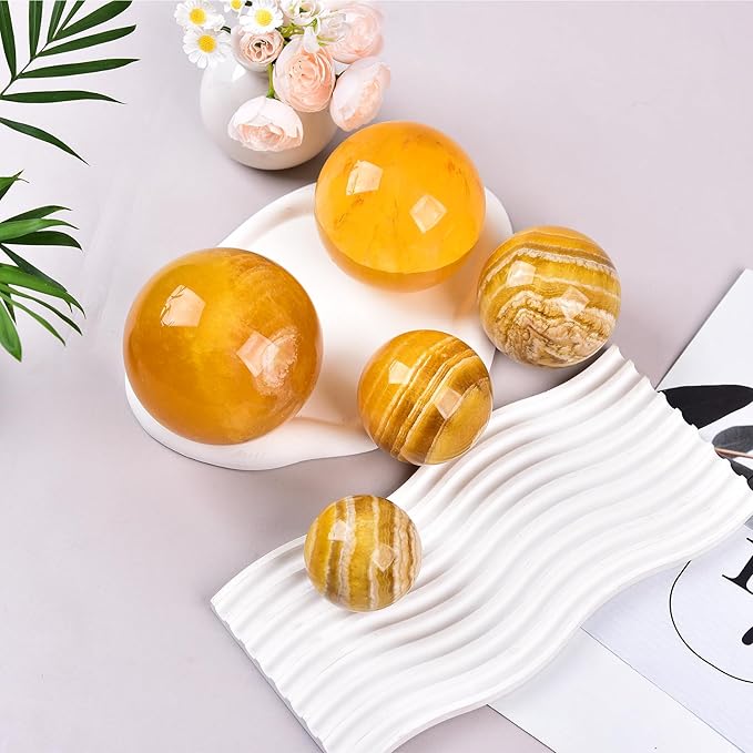 JIC Gem Large Yellow Fluorite Crystal Sphere Ball with Wooden Stand Yellow Healing Crystal Decorative Ball 90-100mm