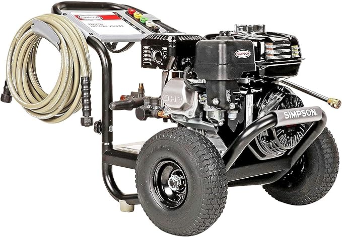 SIMPSON Cleaning PS3228 PowerShot 3300 PSI Gas Pressure Washer, 2.5 GPM, Honda GX200 Engine, Includes Spray Gun and Extension Wand, 5 QC Nozzle Tips, 5/16-inch x 25-foot MorFlex Hose, 49-State