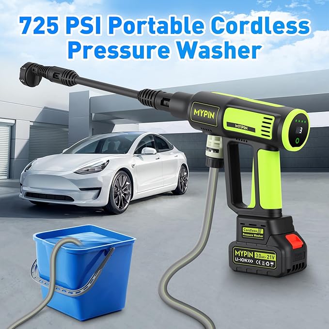 Upgraded LCD Display Portable Cordless Pressure Washer with Brushless Motor, 725 PSI 21V 2x3.0Ah Rechargeable Batteries Powered Pressure Washer, 6-in-1 Nozzle for Car Floor Wall Fence Cleaning