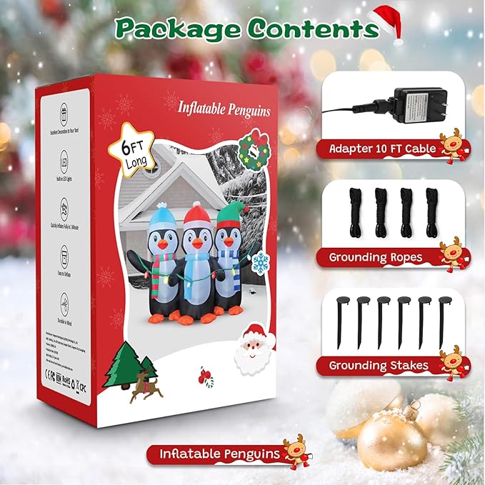FunFanso 6 FT Christmas Inflatable Penguin Decoration, Blow up 3 Cute Penguins, Blowsup Decor, Built-in Bright LED Lights, Festival Decorations for Christmas Party Outdoor Yard Patio Garden Lawn Décor