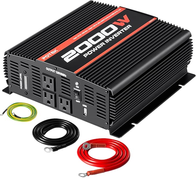 POTEK 2000W Power Inverter 3 AC Outlets 12V DC to 110V AC Car Inverter with 2A USB Port Black