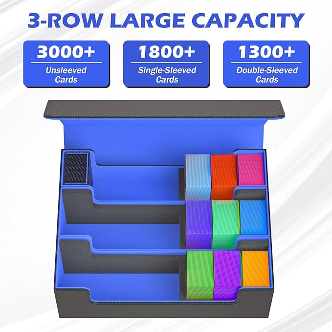 Card Storage Box 3000+ MTG Deck Box with Game Mat and 8 Divider Tabs, 3 Row Commander Trading Card Cases with Dice Tray, Commander Deck Case for TCG, CCG, YuGiOh and Sport Card (Black & Blue)
