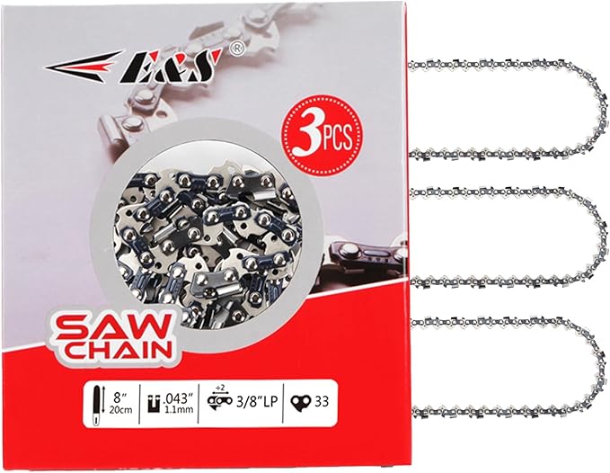 E & S 3 Pack 8 Inch Chainsaw Chain 3/8" LP Pitch .043" Gauge 33 Drive Links Semi-Chisel Chain Saw Chains for Husqvarna, Poulan, Craftsman, Greenworks and More Chainsaw Brands