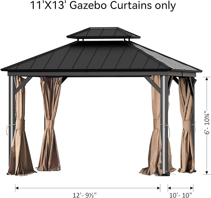 Gazebo Curtain Replacement Universal 4-Panel Sidewalls 11' x 13', Outdoor Gazebo Privacy Curtains with Zipper, Replacement for Outdoor, Patio Canopy, Garden and Backyard (Curtain Only)