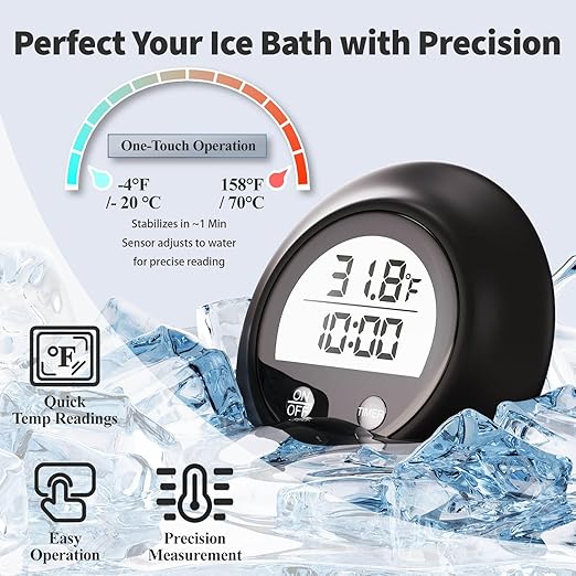 Silicone Cover Ice Bath Thermometer with Timer, Waterproof Floating Water Thermometer for Cold Plunge, Works with Ice Bath Tub Hot Tub Accurate Recovery(Black)