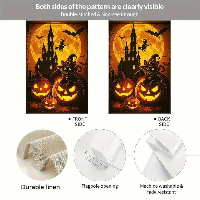 Happy Halloween Garden Flag 12x18 Inch Double Sided Black Cat Flags Pumpkin Witch Haunted Castle Banner Moon Bat Spooky Small Yard Flag for Halloween Outdoor Decoration