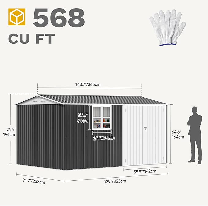 DWVO 12x8ft Large Tool Storage Shed with Window, Lockable Doors, and Sloped Roof, Oversized Steel Outdoor Storage Shed for Garden, Patio, Garage, Backyard, Lawn(Gray + White)