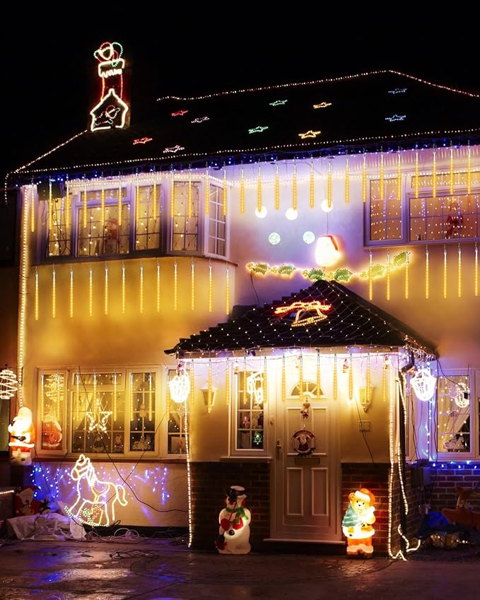 Flacchi Solar Meteor Shower Icicle Lights - 20 Tubes 480 LED Cascading Raindrop Lights, Outdoor Waterproof Christmas Decorations for Holiday Party(Warm White, Solar 20 Tubes)