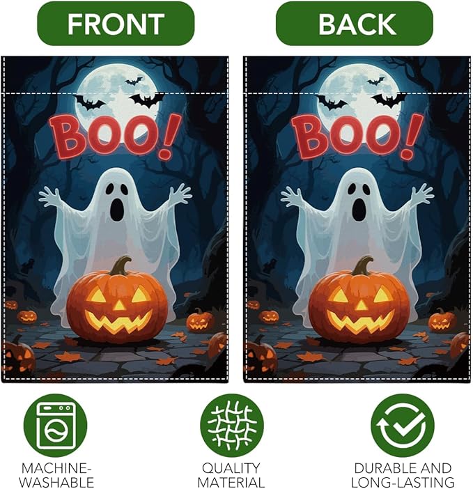 Halloween Boo Garden Flag Scary Ghost Bat Fall Pumpkins Halloween Themed Holiday Party Outside Outdoor Lawn Decorations Yard Flag Double Sided 12x18 Inch
