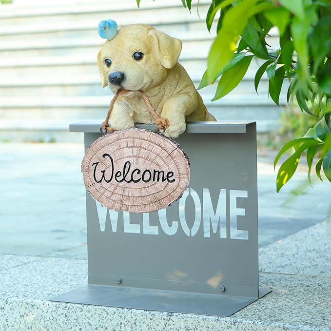 Garden Dog Statues with Solar Bird, Solar Labrador Puppy Statue with Welcome Fence Base Outdoor Sculptures Garden Decorations for Patio, Lawn, Yard, Housewarming Gifts for Mom Women Grandma