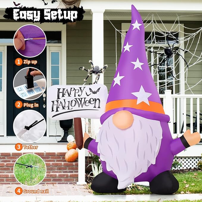 GOOSH 6 FT Halloween Gnome Inflatables Outdoor Decorations, Halloween Gnome Blow Up Yard Decorations Built-in LED Lights for Holiday Outdoor Lawn Garden Party