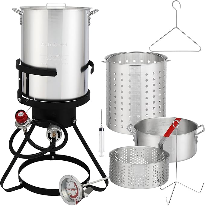 30QT Turkey Fryer & 10QT Fish Fryer, Outdoor Turkey Deep Fryer Pot Set Seafood Boiler Kit,4-Pcs Cooker Set, Gas Fryer Boiler Steamer with 54,000 BTU Burner,Turkey Rack for Backyard & Outdoor Cooking