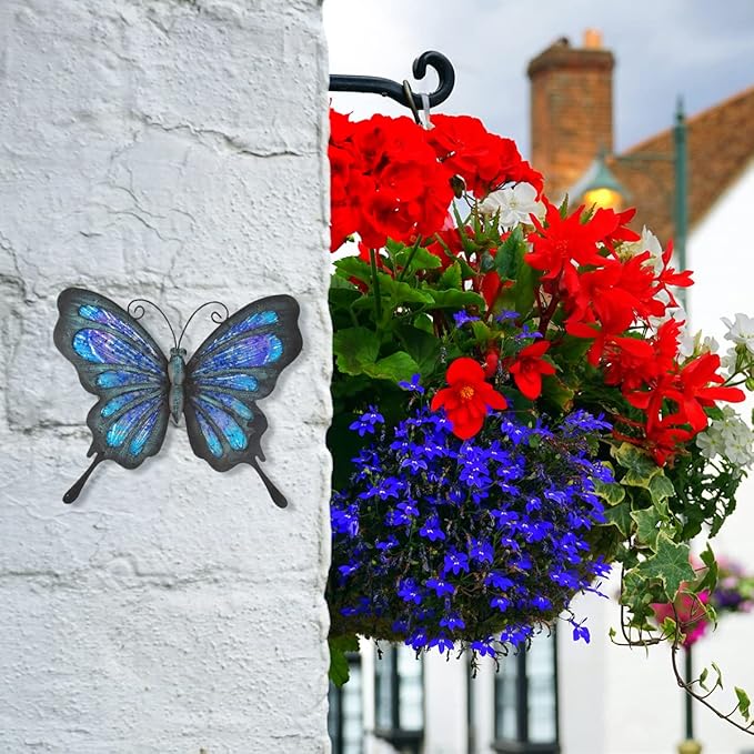HONGLAND Metal Butterfly Wall Decor Outdoor Indoor Art Sculpture Hanging Glass Decorations Blue for Home Garden Bedroom