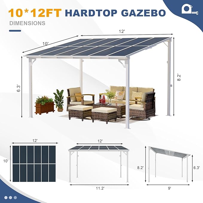 MEISSALIVVE 10' x 12' Wall Mounted Lean to Metal Awnings with Sloped Roof, Outdoor Patio Gazebo Awning for Backyard, Deck, White