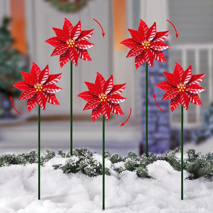 5 Pack Metal Poinsettia Wind Spinners for Garden,Outdoor Lawn Ornaments,Christmas Yard Decorations,Garden Stake and Decor for Outside