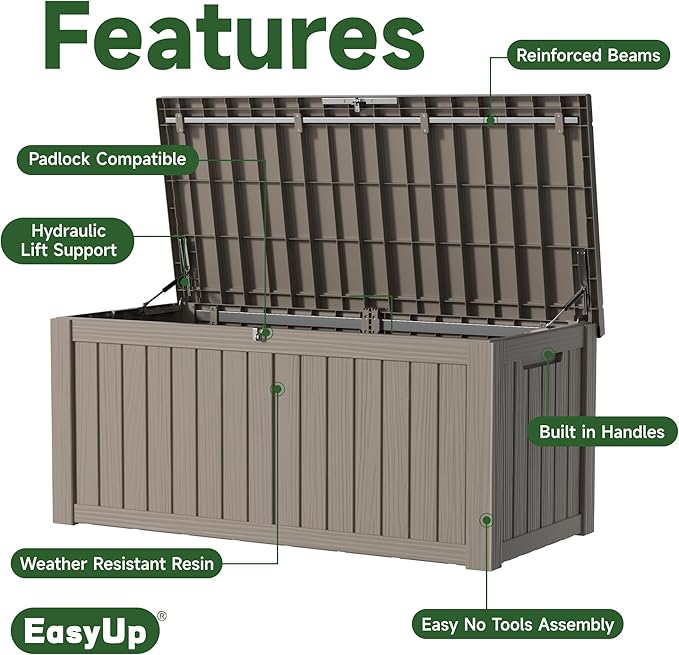 EasyUp 120 Gallon Outdoor Storage Box Waterproof, UV Resistant Resin Deck Box with Hydraulic Rod, Reinforced Stability for Patio, Garden, and Pool, Striped Gray