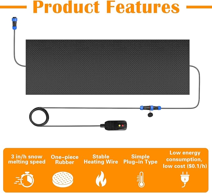 Snow Melting Mats Outdoor for Walkways, 20 x 60 in No-Slip Heated Outdoor Mats with 10 ft Power Cord, 3 in/h Speed Snow and Ice Melting Pads for Winter Backyards Snow Removal
