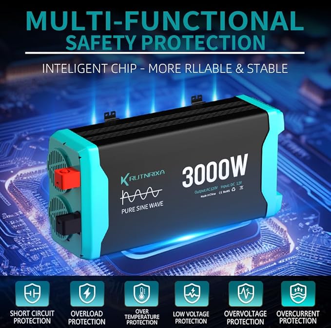 3000W Pure Sine Wave Inverter 12V DC to 120V AC for RV, Truck, Off-Grid, Home, Solar Car Power Inverter with Dual AC Hardwire Port, 20A Socket, 5V 2.1A USB