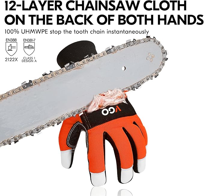 Vgo... Chainsaw Gloves, 12-Layer Chainsaw Protection on Both Hand Back, leather Work Gloves, Mechanic Gloves