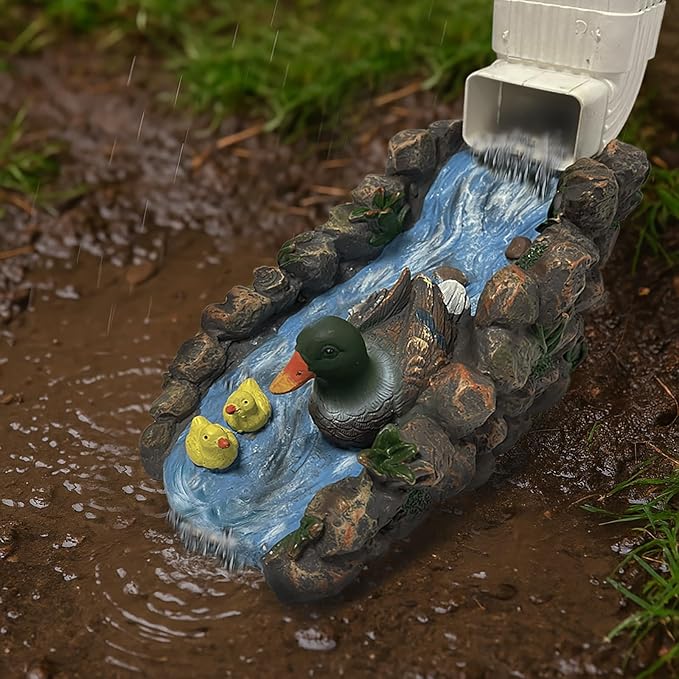 Ducks Splash Block - Decorative Resin Gutter Downspout Diverter, 13.3” x 6.3” x 5.9”, Durable Water Flow Protector for Yard, Garden & Patio, Functional Outdoor Ducks Statue for Rainwater Drainage