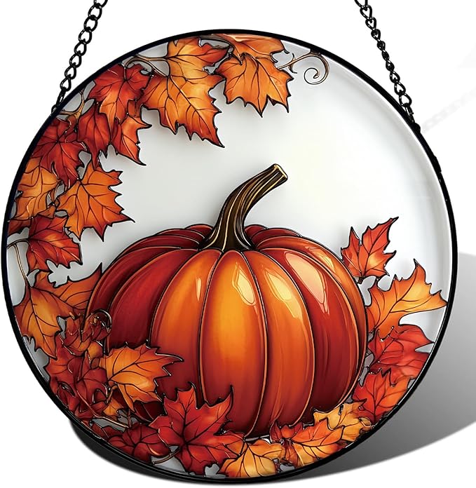 Pumpkin Maple Leaf Suncatcher -7.9 in Stained Glass Window Hanging Sun Catcher Garden Decor