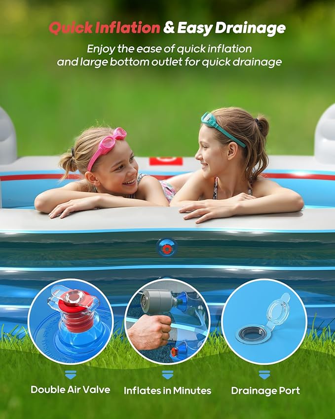 QPAU Inflatable Swimming Pool, Full-Sized Blow Up Pools with Seats and Backrests, Kiddie Pool for Outdoor & Backyard, for Family Summer Time Fun, Jelly Blue