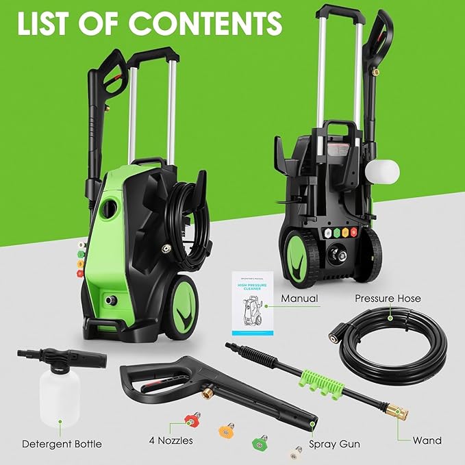 5000 PSI Pressure Cleaner, 4.0 GPM Heavy Duty Power Cleaner with Foam Cannon, 4 Nozzle Tips,33FT Hose and Soap Bottle for Home/Cars/Driveways/Patios/Decks/Fences(Green)