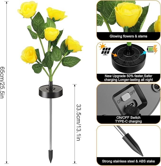 Solar Flowers Lights - Upgraded Outdoor Yellow Rose Flowers Lights, 7-Color Changing & Waterproof Outdoor Solar Lights for Garden, Patio, Backyard,Party and Office (Yellow Rose, 2)