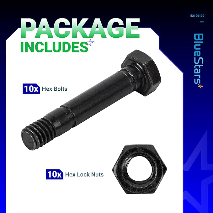BlueStars 52100100 Snow Blower Shear Pins and Nuts - Fits Ariens 52100100 521001 00659100 John Deere AM136890 Rotary 5575 Snowthrower - Pack of 10