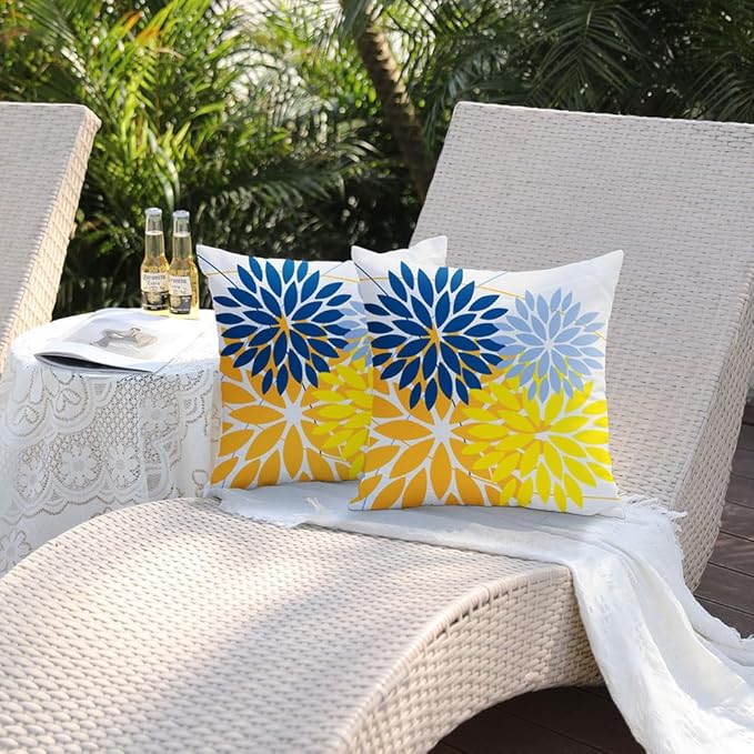 DFXSZ Outdoor Pillow Covers 16x16 Inch Set of 2 Yellow Blue Flower Decorative Waterproof Spring Summer Outdoor Pillow Covers for Patio Funiture Garden Couch 168E16