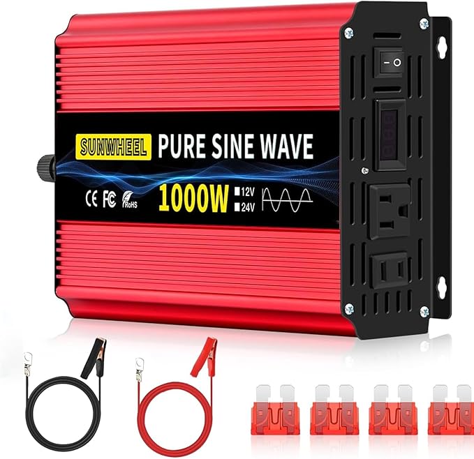 SUNWHEEL 1000W 24V Pure Sine Wave Inverter, 24V DC to 110V/120V AC Power Inverter for RV、Off Grid、Truck、Power Outage with 2 AC outlets and LCD Display