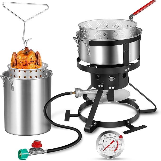 Turkey Fryer with Boiler Steamer Set Basket & 55000BTU Propane Burner, Outdoor Deep Fryer & Seafood Crawfish Boil Pot with Thermometer, Marinade Injector, Turkey Rack & Rack Lifter-OT-3020
