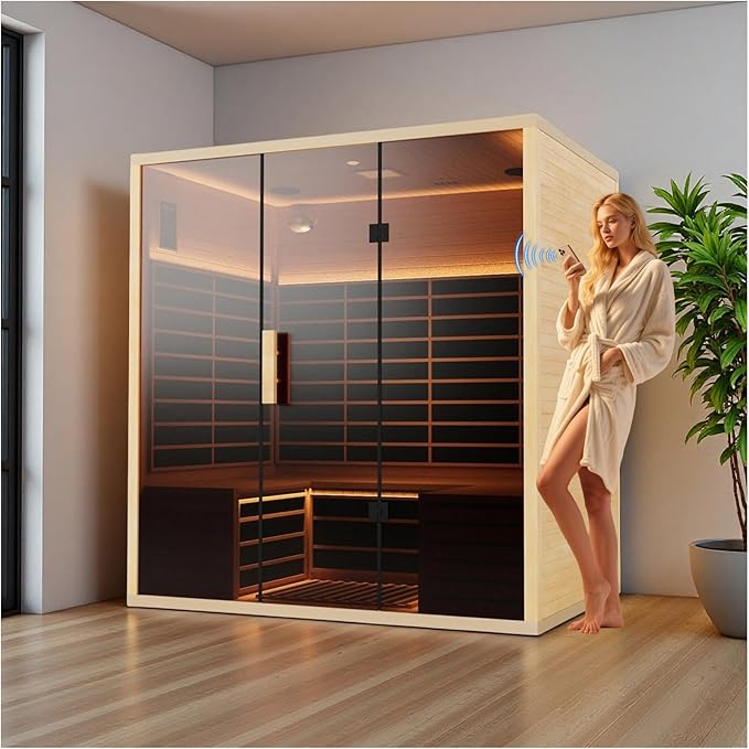 Low EMF Far Infrared Sauna for 4 Person, Canadian Hemlock Wood Sauna Room with Tempered Glass Door, WiFi Control, 220V, 12 Infrared Heaters, 3250W, Reading & 7-Color Starry Light, Oxygen Bar, Speaker