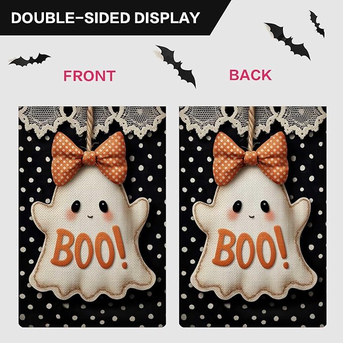 Cute Ghost Garden Flag Halloween Booooo Holiday Garden Flag Vertical Double Sided Rustic Farmland Burlap Yard Lawn Outdoor Decor 12.5x18"
