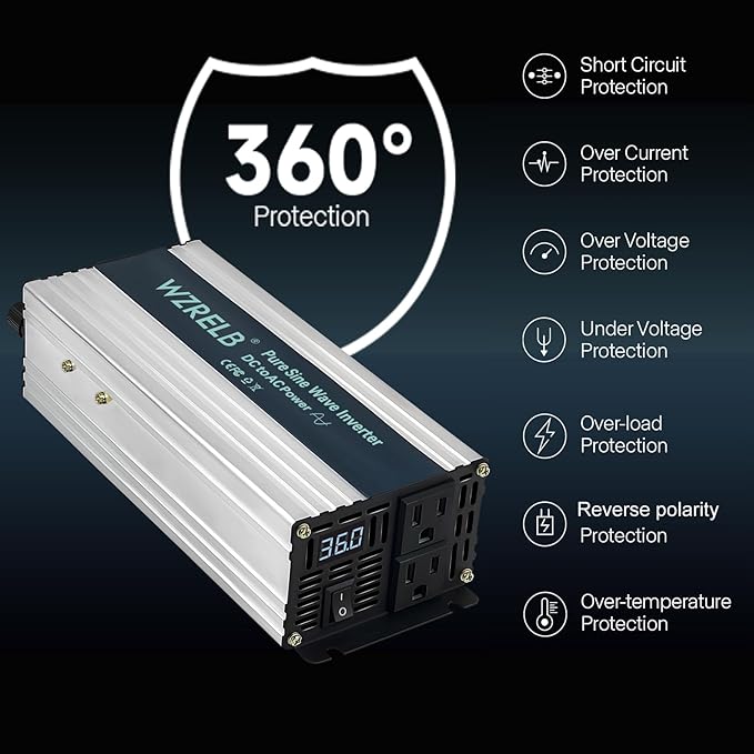 WZRELB 1200W Pure Sine Wave Inverter 36V DC to 110V 120V AC Power Converter with LED Display, Off-Grid Portable Power Inverter with 2 AC Outlets for Home, RV, Truck, Camping