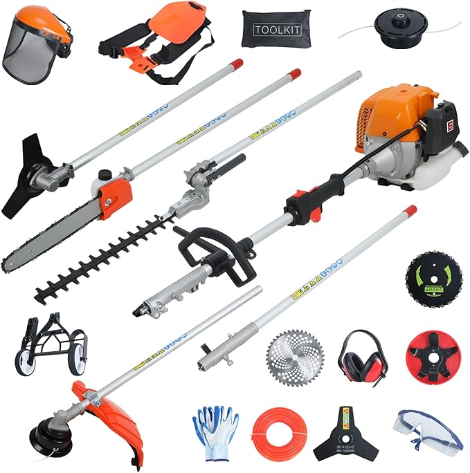 Weed Wacker Gas Powered,8 in 1 Multi Trimming Tool,52CC 2-Cycle Gas Powered Hedge Trimmer,Weed Eater,String Trimmer,Brush Cutter,Edger,Pole Saw Chainsaw Pruner with Extension Pole 1.2L 2.3kw