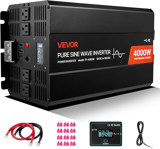 VEVOR 4000W Power Inverter, 12V DC to 120V AC Pure Sine Wave Inverter, Solar Car Charger Converter with LCD Display, Remote Control, 2 USB Ports, 4 AC Outlets, Type-C Port, for RV, Truck Outdoor