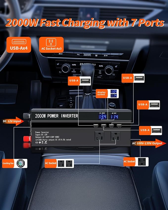 Car Power Inverters 2000W Inverter - 12v DC to 110v AC Converter with 3 AC Outlets 4 USB Port DC 5V/4.8A,Power Inverter 2000w,Car Power Converter for Truck/Home/Vehicles/Laptop Trip