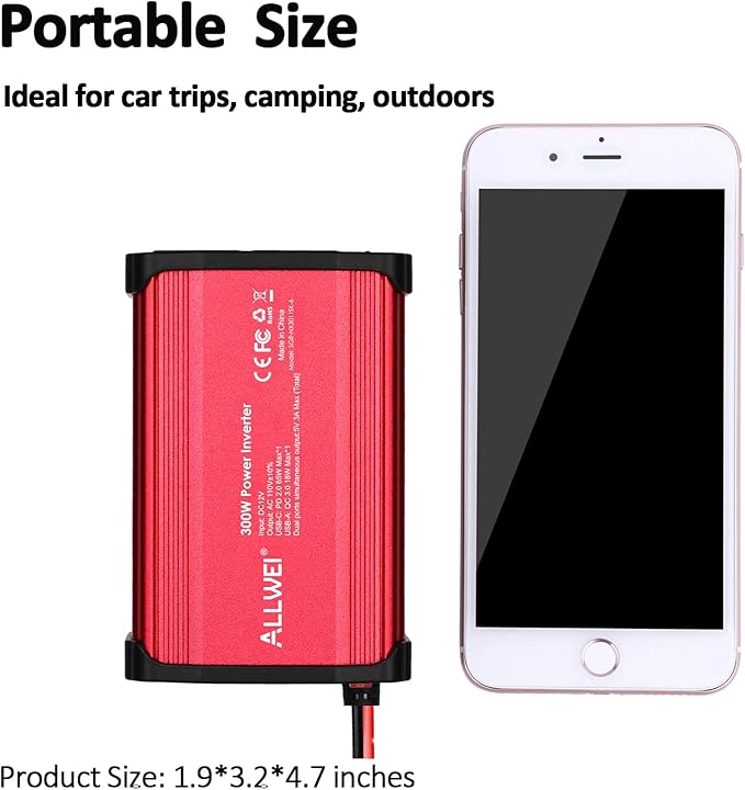 ALLWEI 300W Power Inverter DC 12V to 110V AC, Compact Car Plug Adapter Outlet with 65W PD USB-C &18W USB-A Fast Charging, Cigarette Lighter Adapter Car Charger for Phone, Laptop on Road Trip - Red