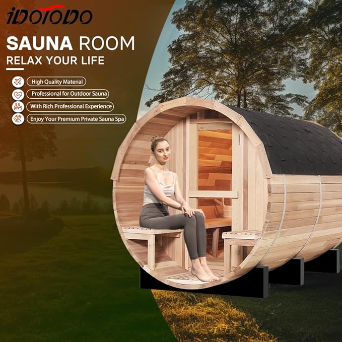 Outdoor Barrel Sauna, 6 Person Wood Steam Saunas Room with Porch, 6kw Toule Electric Heater with Sauna Stone, Canadian Helmock, Roof, 94.48”*70.86“*70.86“ (Helmock)