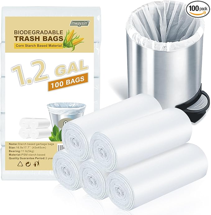 1.2-Gallon Small Trash-Bags Biodegradable Garbage-Bag - Mini Clear White Unscented Bulk 100 Counts Compostable Recycling Liners for Kitchen Bathroom Car Can Wastebasket Inwaysin