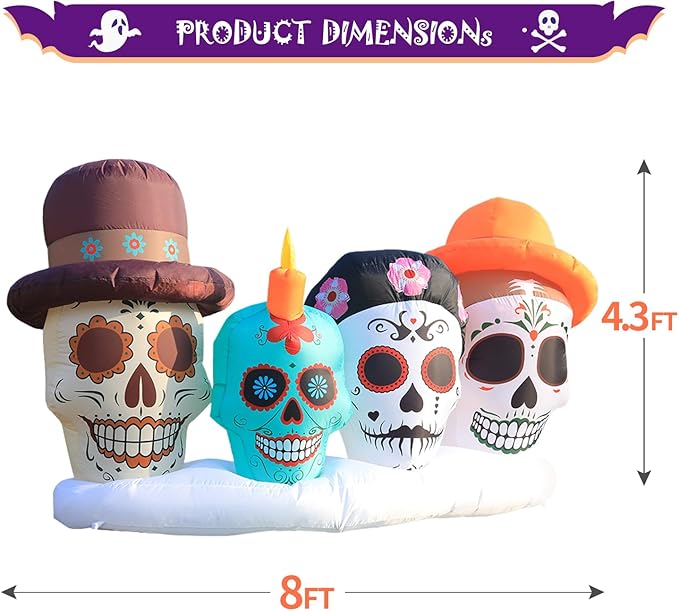 DomKom Halloween Inflatable Blow Up Decorations, Dia de Los Muertos 8FT Day of Dead Catrina Skulls, Built-in LEDs for Holiday Party, Garden, Lawn, Yard, Patio Décor