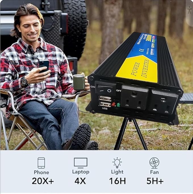 High-Power DC to AC Power Inverter – 12V to 110V/120V Converter with Dual USB Ports, Dual AC Outlets, Cigarette Lighter Adapter, Battery Cable for Cars, Trucks, RVs, Camping,Home Backup (Black, 3000W)