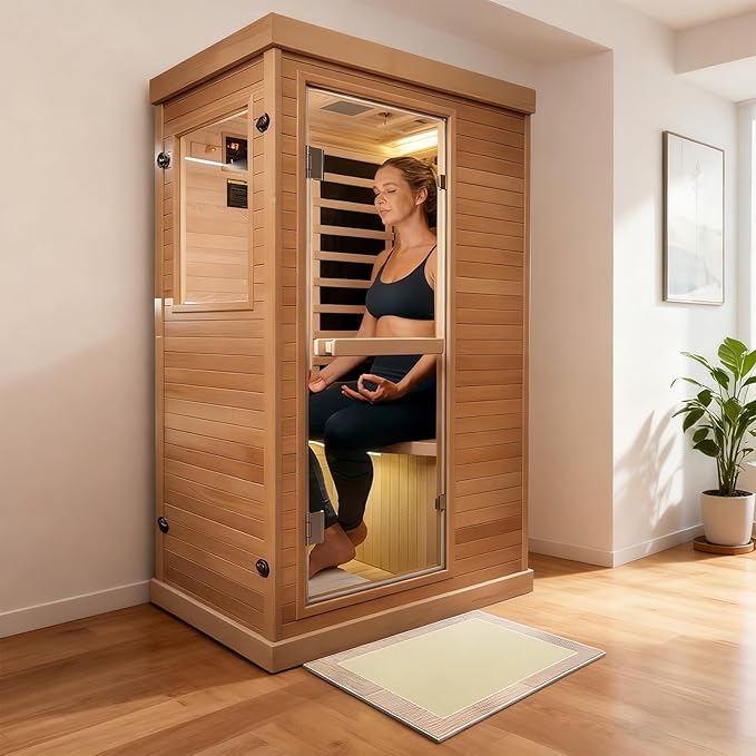 PAETA Infrared Sauna for Home | 1-Person Dry Sauna with 5 Carbon Heaters | Fast & Even Heating Low EMF Sauna | Bluetooth & Chromotherapy| Canadian Hemlock(Wooden)