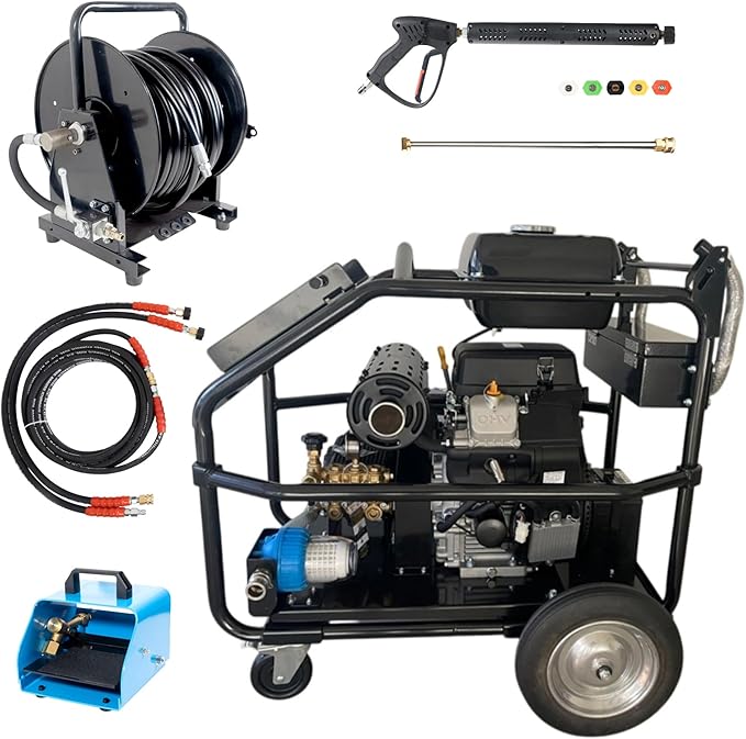 Canpump 2-in-1 Pressure Washer & Sewer Jetter 5200 PSI 6.6 GPM – 24 HP Loncin Engine, Belt-Drive Triplex Pump – 200 ft Hose w/Reel, Foot Valve, Spray Gun, Power Washing Hose, Nozzles